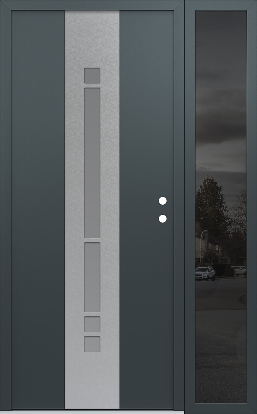 Modern Steel Front Door DIAMOND A3 50" X 80" ANTHRACITE/ANTHRACITE FROSTED GLASS PANEL STAINLESS STEEL RHI WITH SIDELITE MIRRORED GLASS