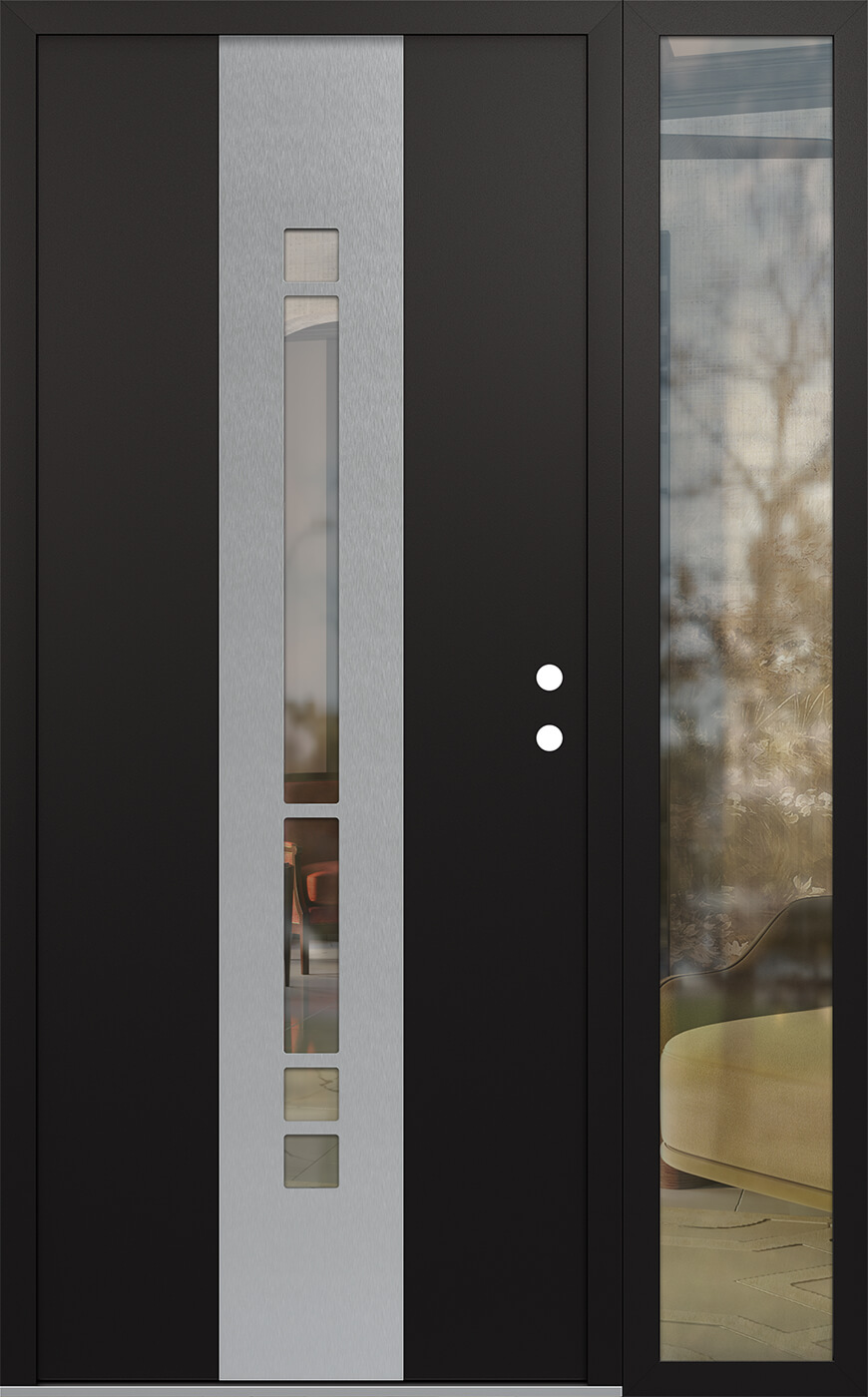 Modern Steel Front Door DIAMOND A3 50" X 80" BLACK/BLACK CLEAR GLASS PANEL STAINLESS STEEL LHI WITH SIDELITE MIRRORED GLASS