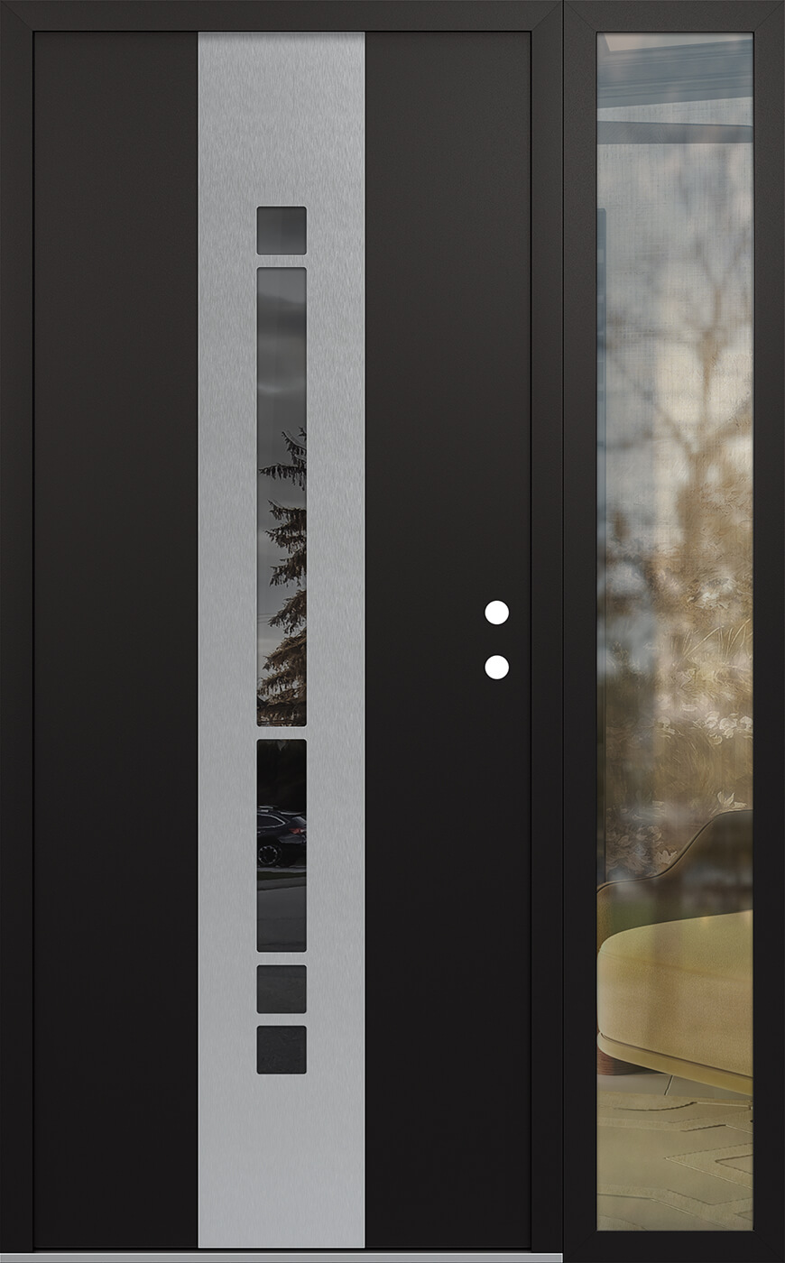 MODERN STEEL FRONT DOOR DIAMOND A3 50" X 80" BLACK/BLACK MIRRORED GLASS PANEL STAINLESS STEEL LHI WITH SIDELITE CLEAR GLASS