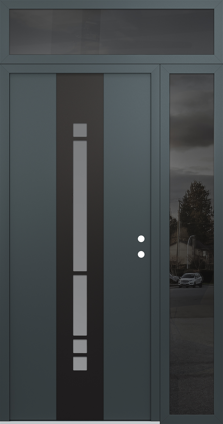 Modern Steel Front Door DIAMOND A3 50" X 96" ANTHRACITE/ANTHRACITE FROSTED GLASS PANEL BLACK LHI WITH SIDELITE AND TRANSOM FROSTED GLASS