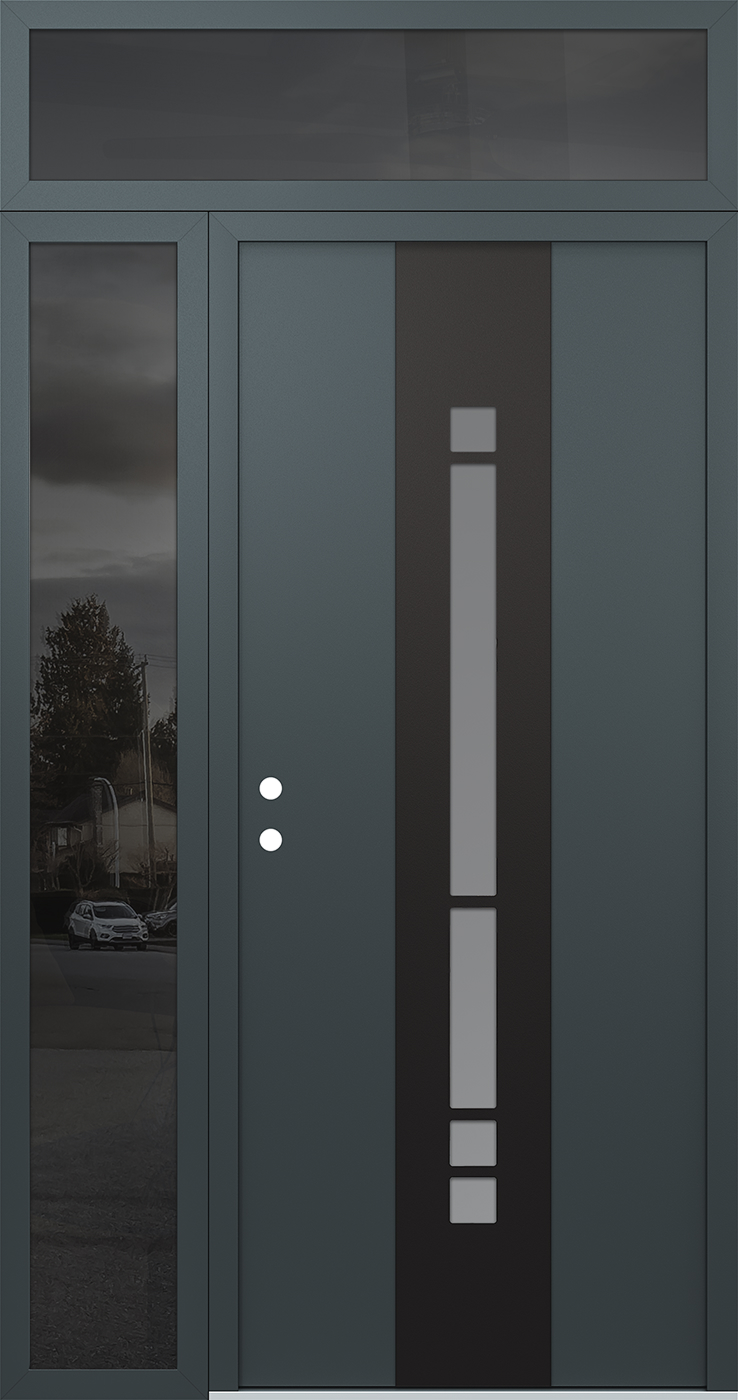 Modern Steel Front Door DIAMOND A3 50" X 96" ANTHRACITE/ANTHRACITE FROSTED GLASS PANEL BLACK RHI WITH SIDELITE AND TRANSOM CLEAR GLASS