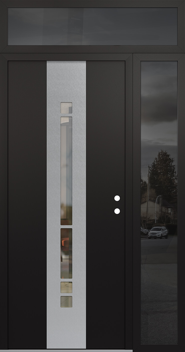 Modern Steel Front Door DIAMOND A3 50" X 96" BLACK/BLACK CLEAR GLASS PANEL STAINLESS STEEL LHI WITH SIDELITE AND TRANSOM MIRRORED GLASS