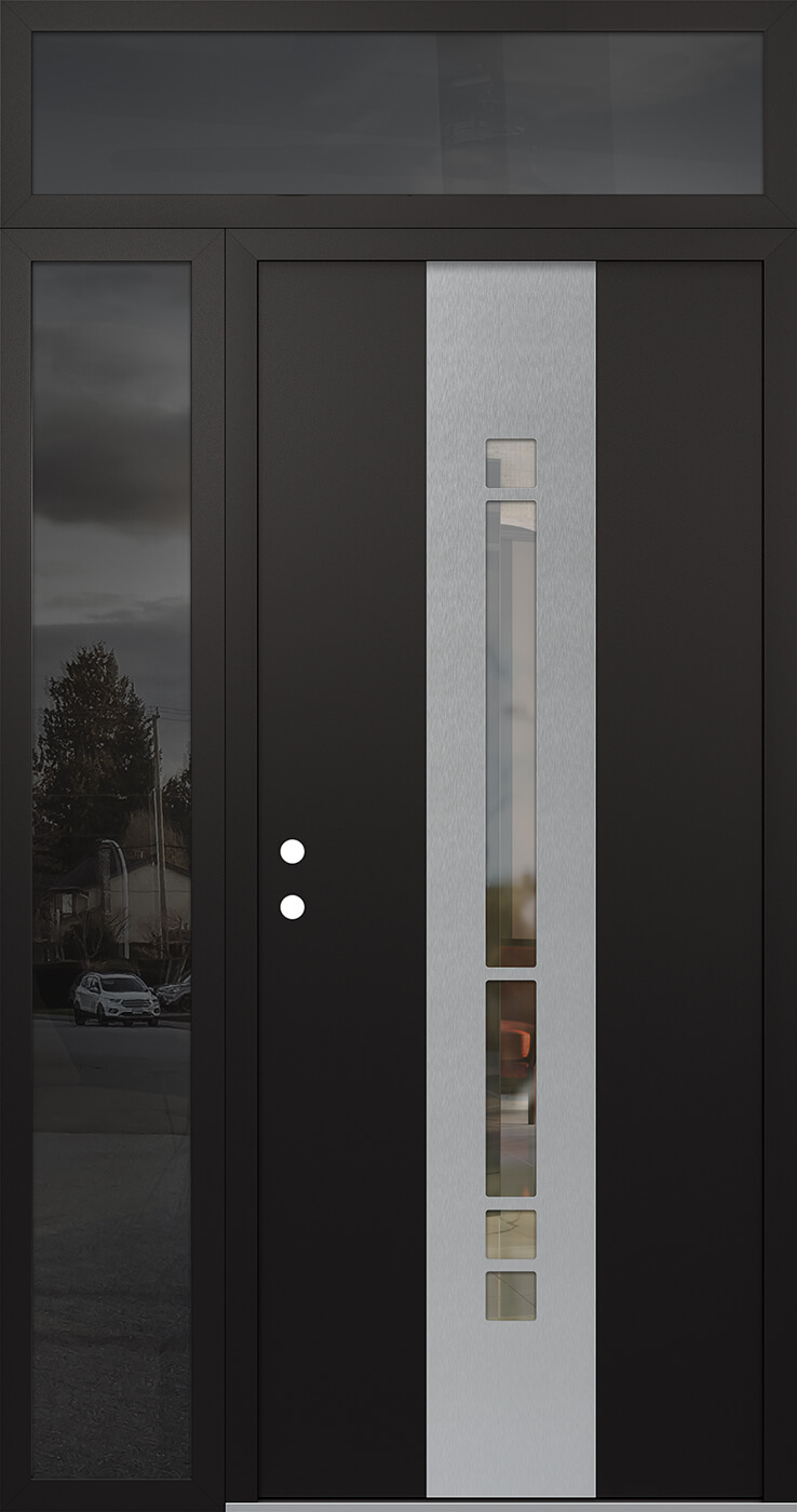 Modern Steel Front Door DIAMOND A3 50" X 96" BLACK/BLACK CLEAR GLASS PANEL STAINLESS STEEL RHI WITH SIDELITE AND TRANSOM FROSTED GLASS