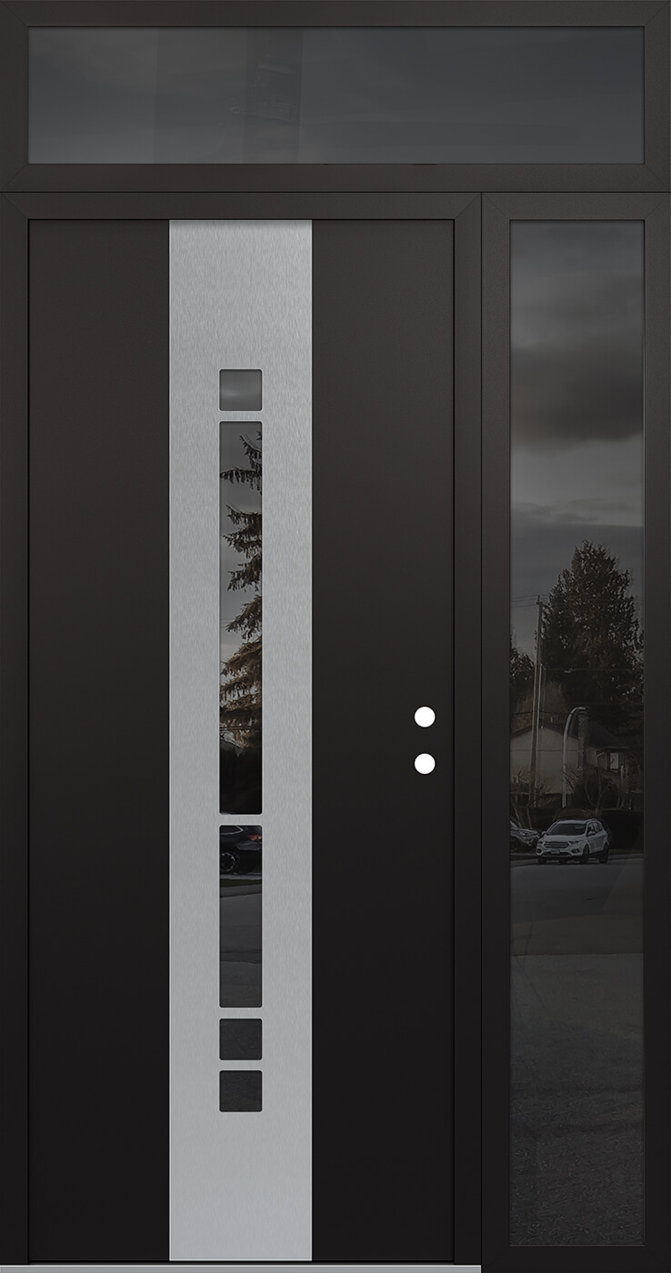MODERN STEEL FRONT DOOR DIAMOND A3 50" X 96" BLACK/BLACK MIRRORED GLASS PANEL STAINLESS STEEL LHI WITH SIDELITE AND TRANSOM MIRRORED GLASS