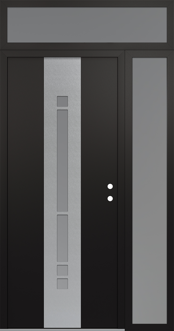 MODERN STEEL FRONT DOOR DIAMOND A3 50" X 96" BLACK/WHITE FROSTED GLASS PANEL STAINLESS STEEL LHI WITH SIDELITE AND TRANSOM CLEAR GLASS