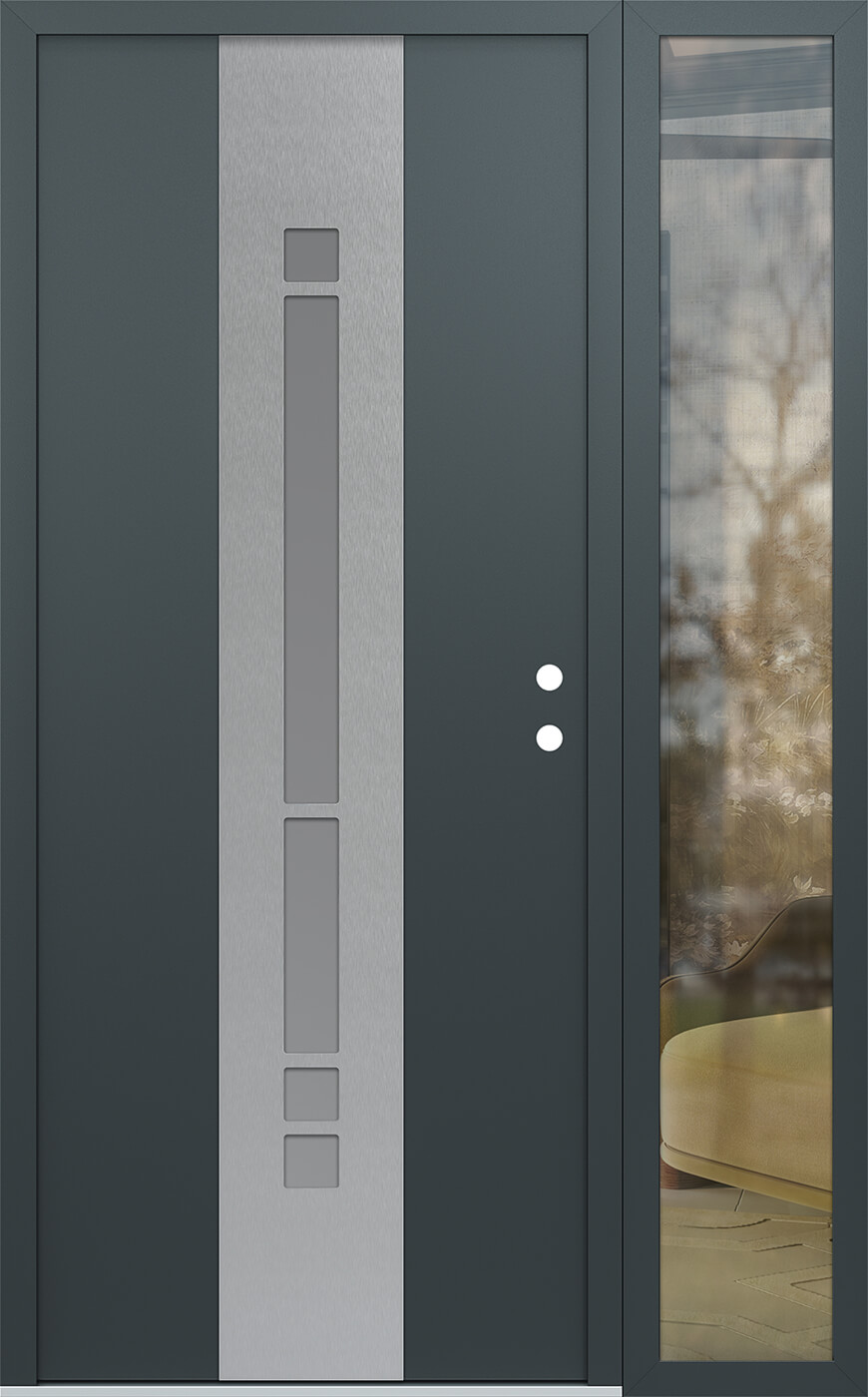 Modern Steel Front Door DIAMOND A3 52" X 80" ANTHRACITE/ANTHRACITE FROSTED GLASS PANEL STAINLESS STEEL LHI WITH SIDELITE MIRRORED GLASS
