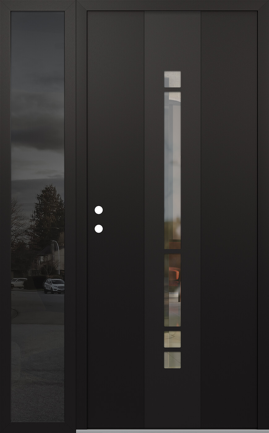 Modern Steel Front Door DIAMOND A3 52" X 80" BLACK/BLACK CLEAR GLASS PANEL BLACK RHI WITH SIDELITE MIRRORED GLASS