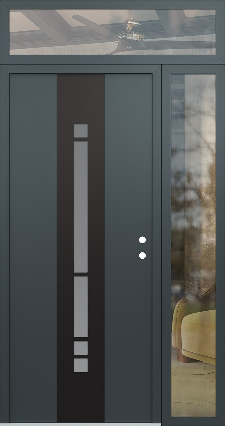 Modern Steel Front Door DIAMOND A3 52" X 96" ANTHRACITE/ANTHRACITE FROSTED GLASS PANEL BLACK LHI WITH SIDELITE AND TRANSOM MIRRORED GLASS