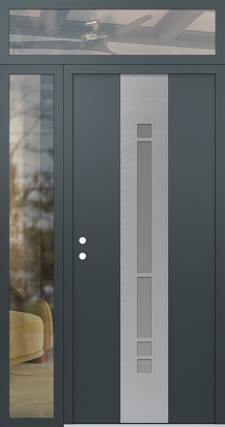 Modern Steel Front Door DIAMOND A3 52" X 96" ANTHRACITE/ANTHRACITE FROSTED GLASS PANEL STAINLESS STEEL RHI WITH SIDELITE AND TRANSOM CLEAR GLASS