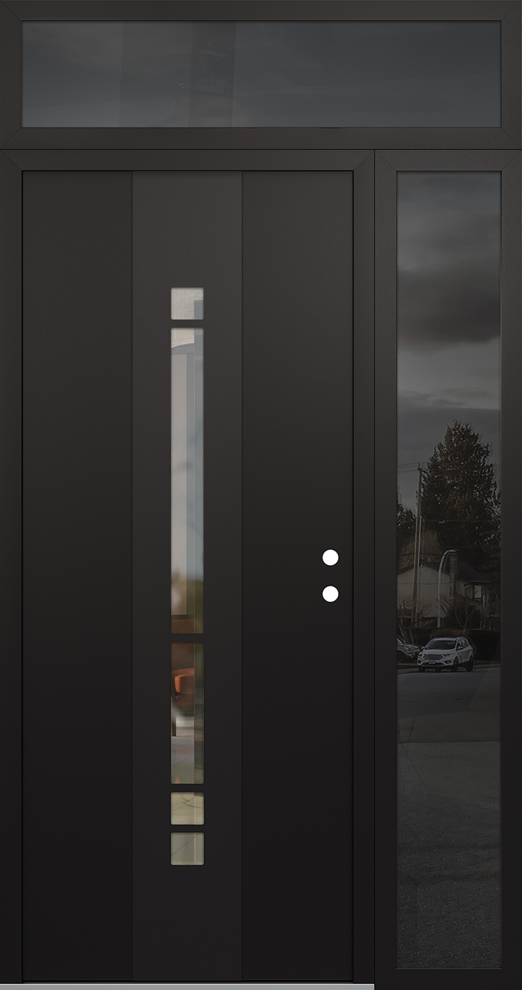 Modern Steel Front Door DIAMOND A3 52" X 96" BLACK/BLACK CLEAR GLASS PANEL BLACK LHI WITH SIDELITE AND TRANSOM FROSTED GLASS
