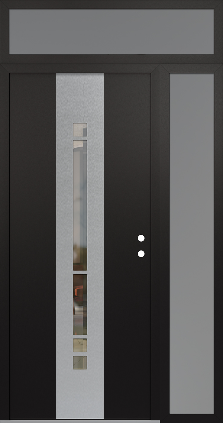 Modern Steel Front Door DIAMOND A3 52" X 96" BLACK/BLACK CLEAR GLASS PANEL STAINLESS STEEL LHI WITH SIDELITE AND TRANSOM CLEAR GLASS