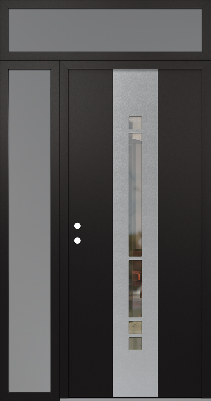 Modern Steel Front Door DIAMOND A3 52" X 96" BLACK/BLACK CLEAR GLASS PANEL STAINLESS STEEL RHI WITH SIDELITE AND TRANSOM CLEAR GLASS