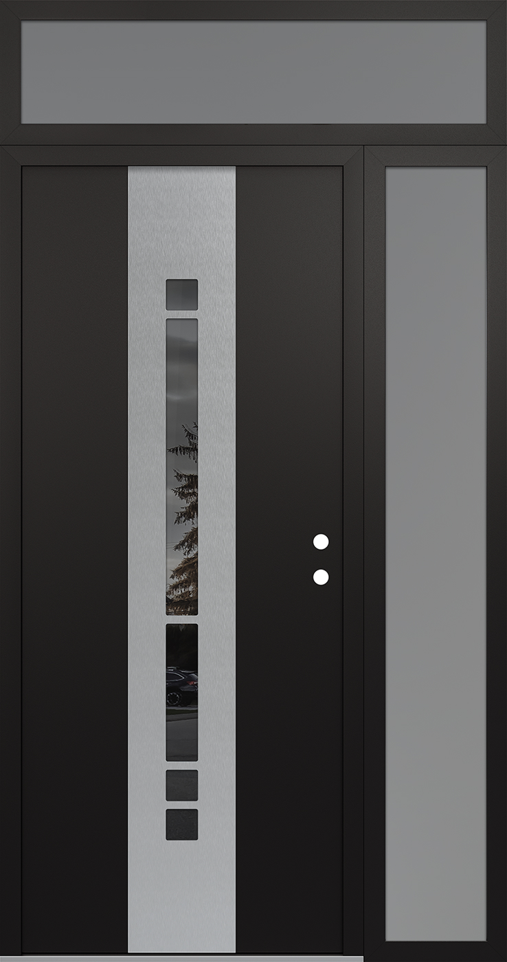 MODERN STEEL FRONT DOOR DIAMOND A3 52" X 96" BLACK/BLACK MIRRORED GLASS PANEL STAINLESS STEEL LHI WITH SIDELITE AND TRANSOM FROSTED GLASS