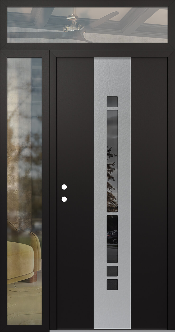 MODERN STEEL FRONT DOOR DIAMOND A3 52" X 96" BLACK/BLACK MIRRORED GLASS PANEL STAINLESS STEEL RHI WITH SIDELITE AND TRANSOM CLEAR GLASS