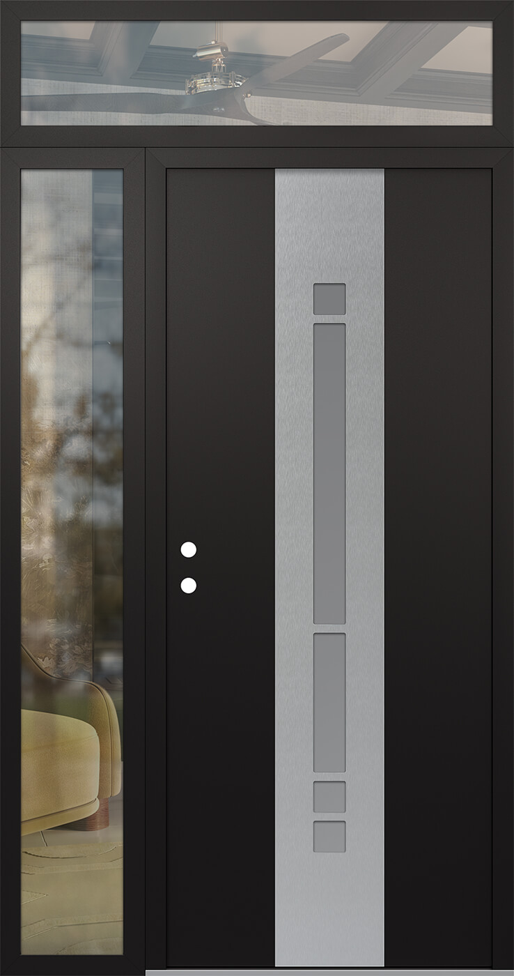 MODERN STEEL FRONT DOOR DIAMOND A3 52" X 96" BLACK/WHITE FROSTED GLASS PANEL STAINLESS STEEL RHI WITH SIDELITE AND TRANSOM CLEAR GLASS