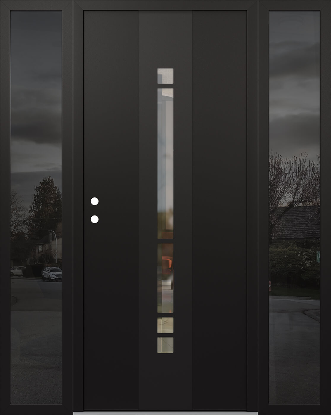 Modern Steel Front Door DIAMOND A3 60" X 80" BLACK/BLACK CLEAR GLASS PANEL BLACK RHI WITH 2 SIDELITES FROSTED GLASS