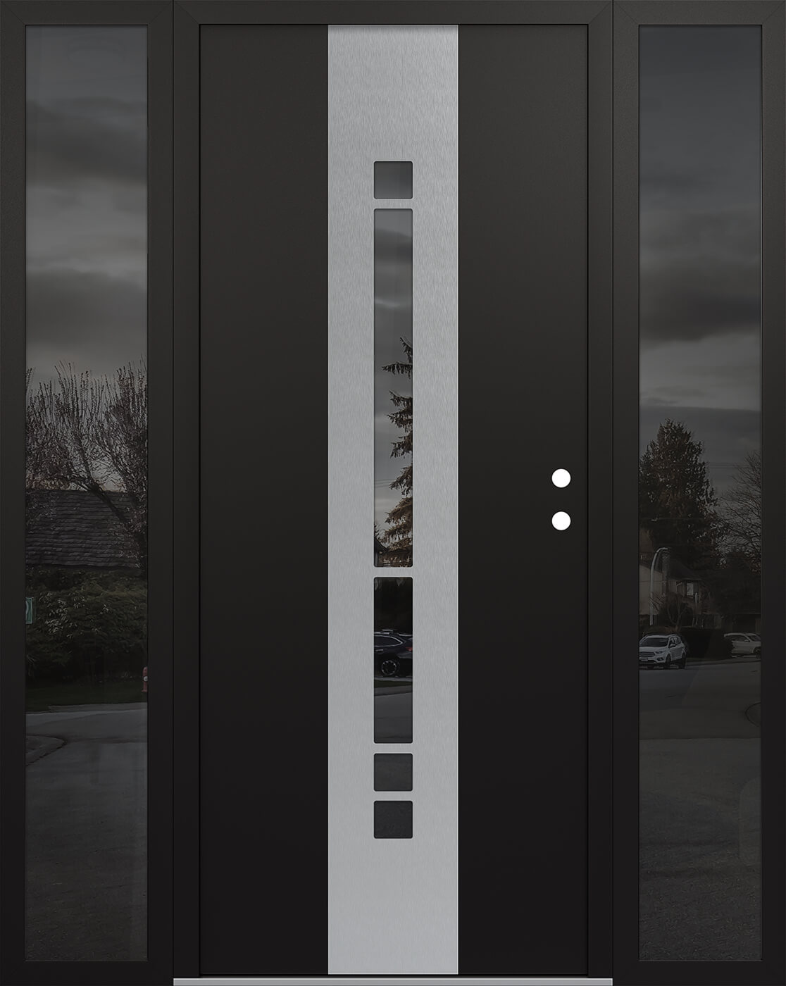 MODERN STEEL FRONT DOOR DIAMOND A3 60" X 80" BLACK/BLACK MIRRORED GLASS PANEL STAINLESS STEEL LHI WITH 2 SIDELITES CLEAR GLASS