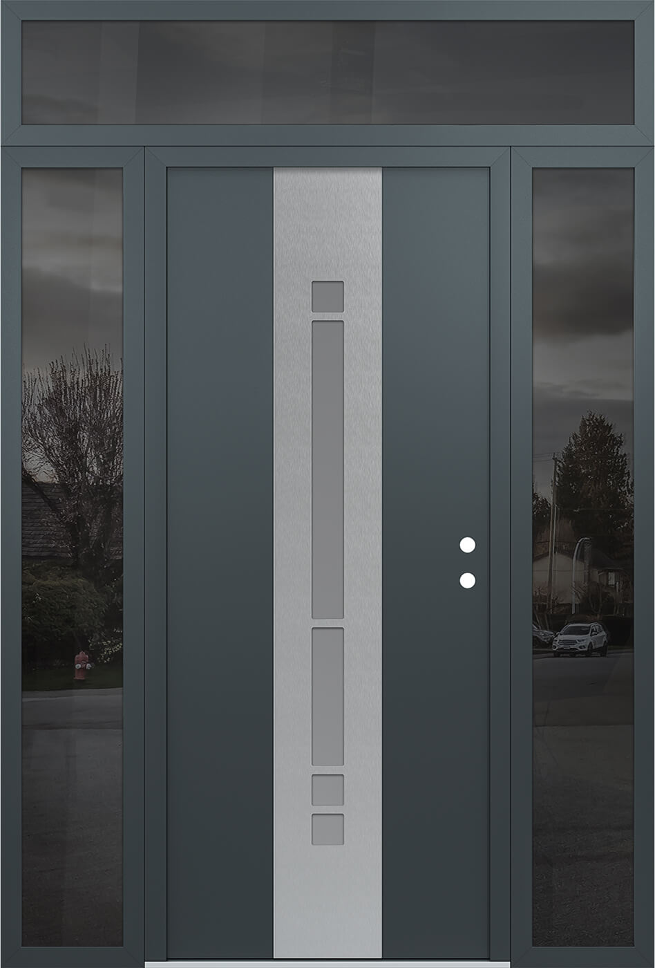 Modern Steel Front Door DIAMOND A3 60" X 96" ANTHRACITE/ANTHRACITE FROSTED GLASS PANEL STAINLESS STEEL RHI WITH 2 SIDELITES AND TRANSOM FROSTED GLASS