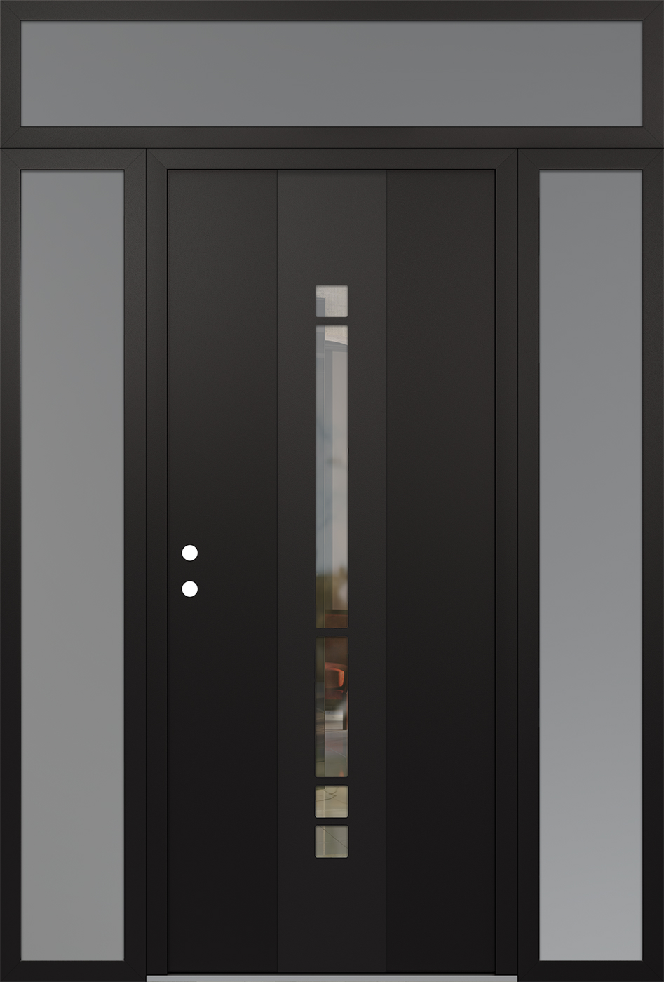 Modern Steel Front Door DIAMOND A3 60" X 96" BLACK/BLACK CLEAR GLASS PANEL BLACK RHI WITH 2 SIDELITES AND TRANSOM MIRRORED GLASS