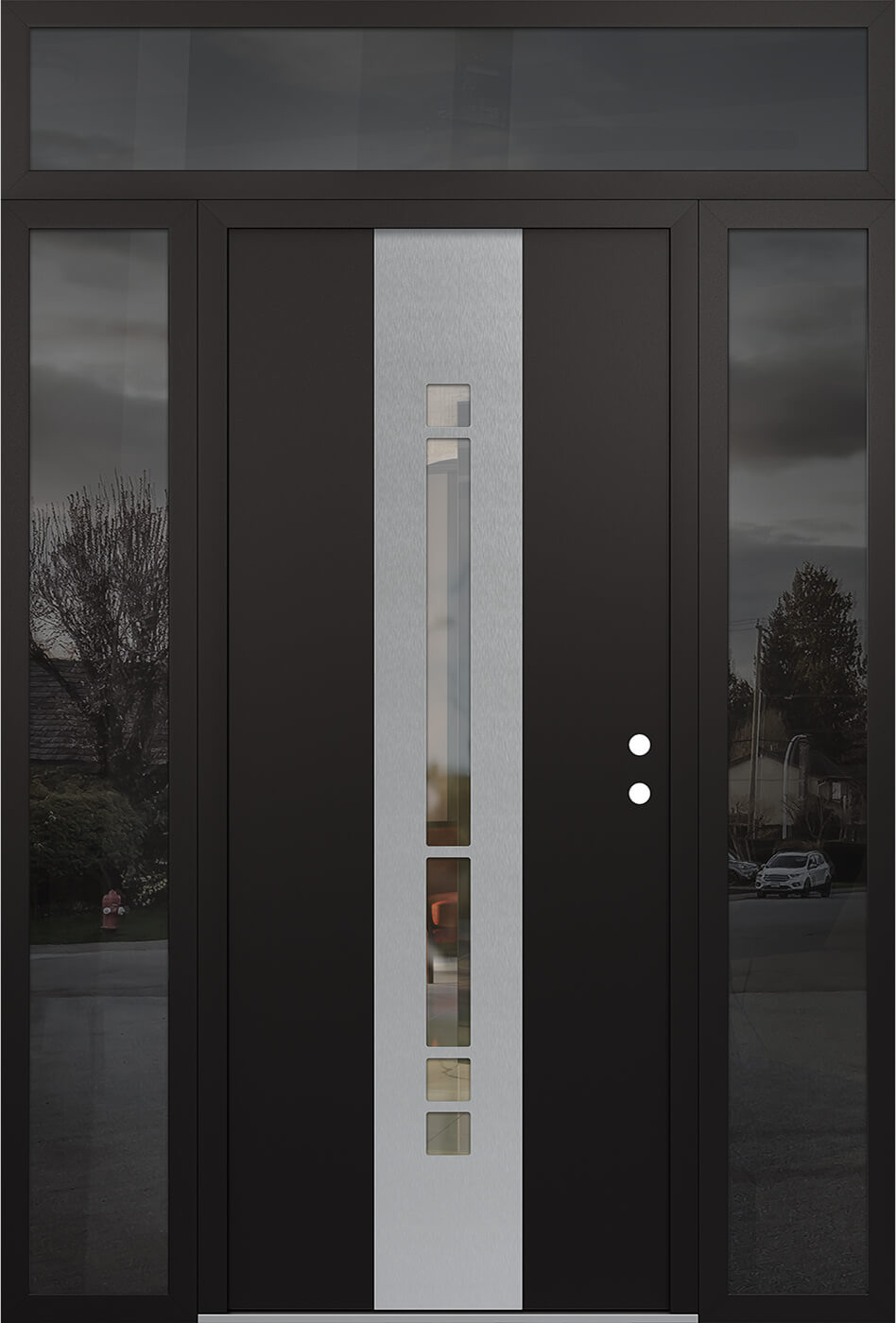 Modern Steel Front Door DIAMOND A3 60" X 96" BLACK/BLACK CLEAR GLASS PANEL STAINLESS STEEL LHI WITH 2 SIDELITES AND TRANSOM CLEAR GLASS