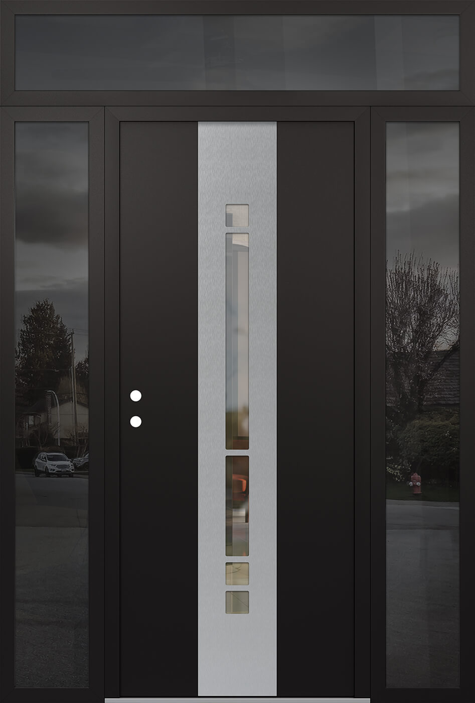 Modern Steel Front Door DIAMOND A3 60" X 96" BLACK/BLACK CLEAR GLASS PANEL STAINLESS STEEL RHI WITH 2 SIDELITES AND TRANSOM FROSTED GLASS