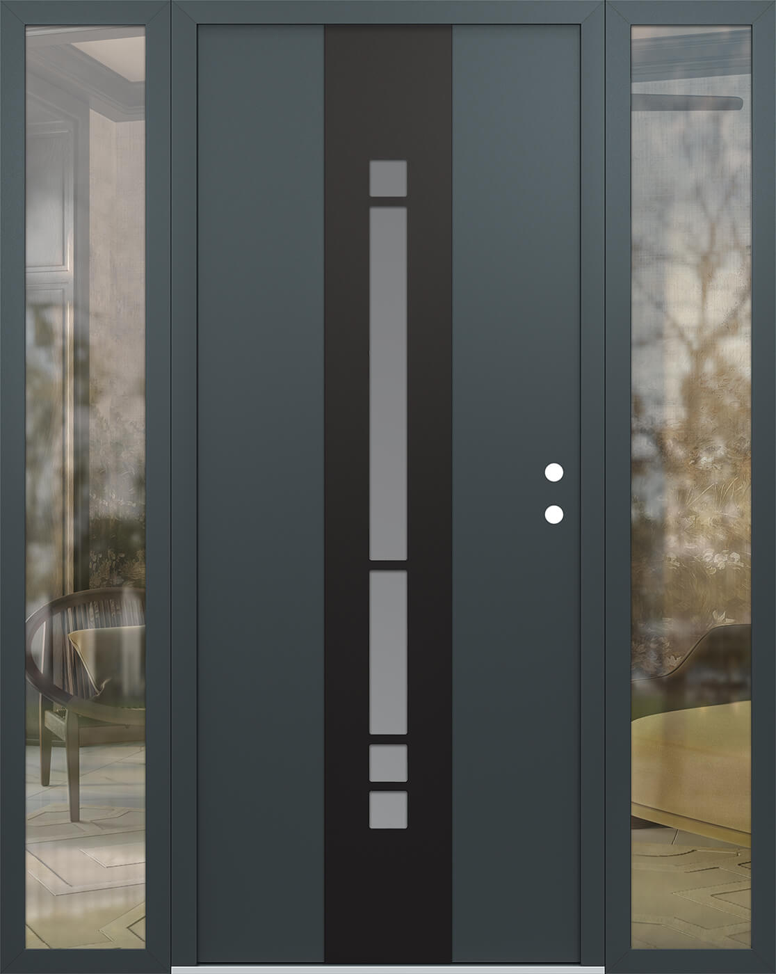 Modern Steel Front Door DIAMOND A3 64" X 80" ANTHRACITE/ANTHRACITE FROSTED GLASS PANEL BLACK LHI WITH 2 SIDELITES MIRRORED GLASS
