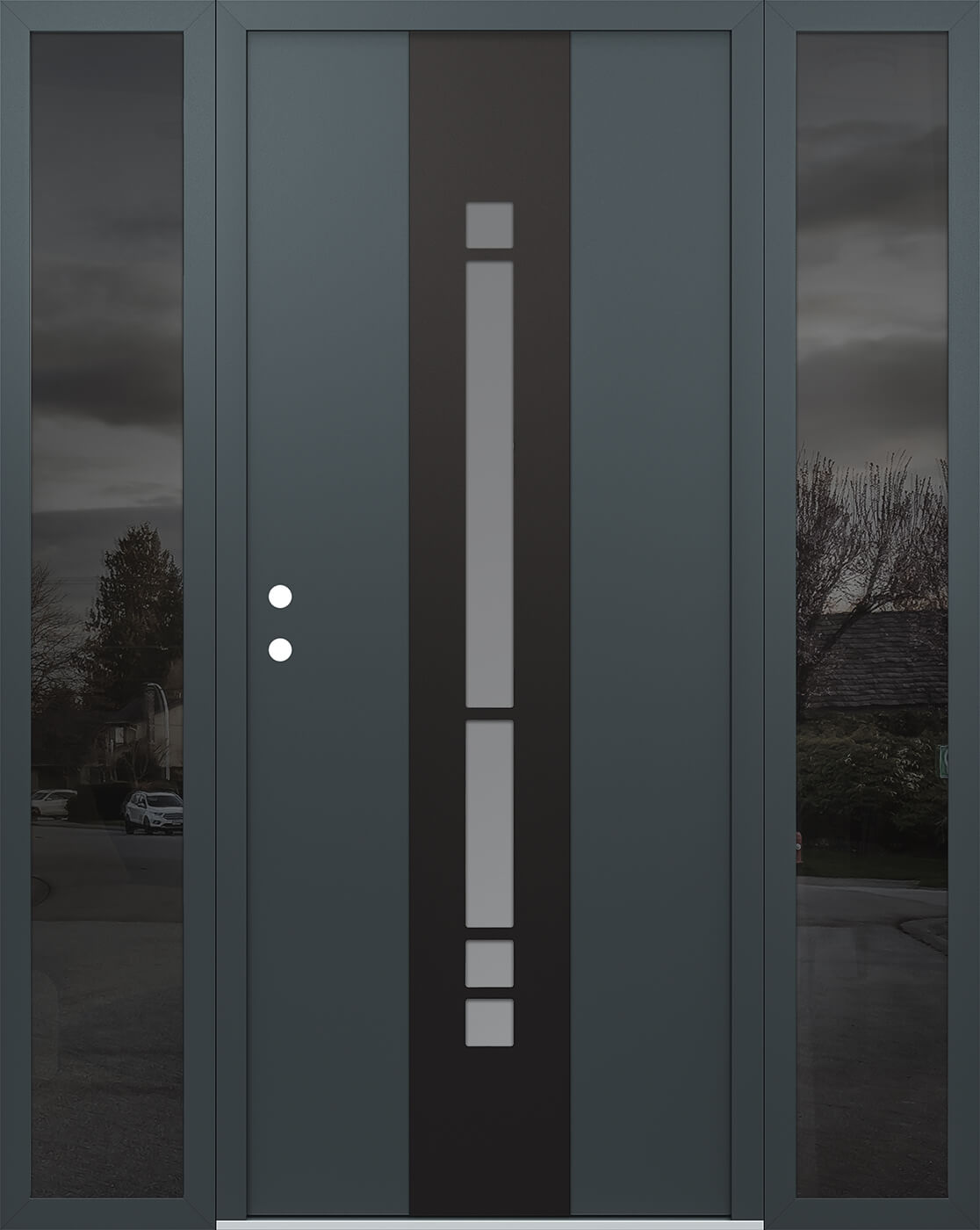 Modern Steel Front Door DIAMOND A3 64" X 80" ANTHRACITE/ANTHRACITE FROSTED GLASS PANEL BLACK RHI WITH 2 SIDELITES FROSTED GLASS