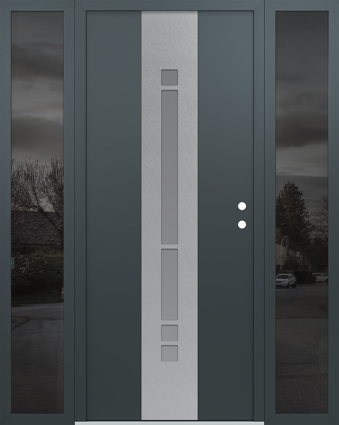 Modern Steel Front Door DIAMOND A3 64" X 80" ANTHRACITE/ANTHRACITE FROSTED GLASS PANEL STAINLESS STEEL RHI WITH 2 SIDELITES MIRRORED GLASS