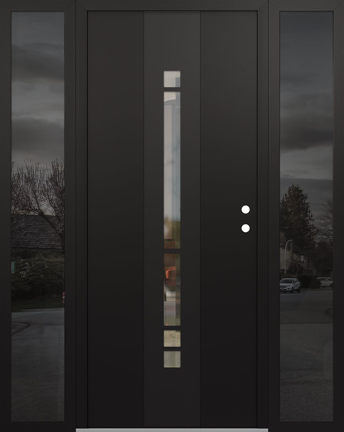 Modern Steel Front Door DIAMOND A3 64" X 80" BLACK/BLACK CLEAR GLASS PANEL BLACK LHI WITH 2 SIDELITES CLEAR GLASS