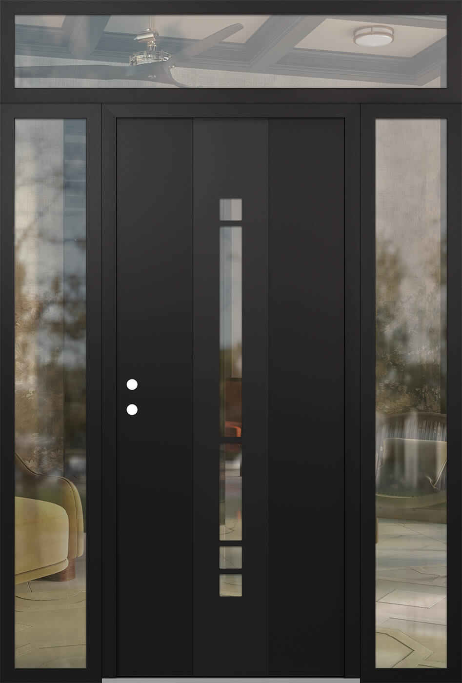 Modern Steel Front Door DIAMOND A3 64" X 96" BLACK/BLACK CLEAR GLASS PANEL BLACK RHI WITH 2 SIDELITES AND TRANSOM MIRRORED GLASS
