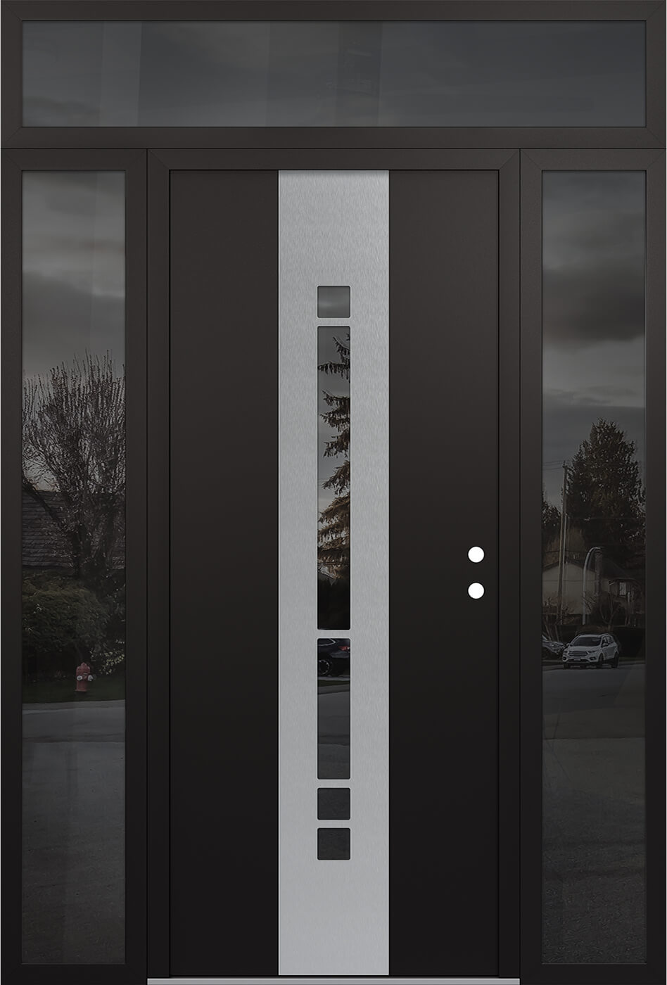 MODERN STEEL FRONT DOOR DIAMOND A3 64" X 96" BLACK/BLACK MIRRORED GLASS PANEL STAINLESS STEEL LHI WITH 2 SIDELITES AND TRANSOM CLEAR GLASS