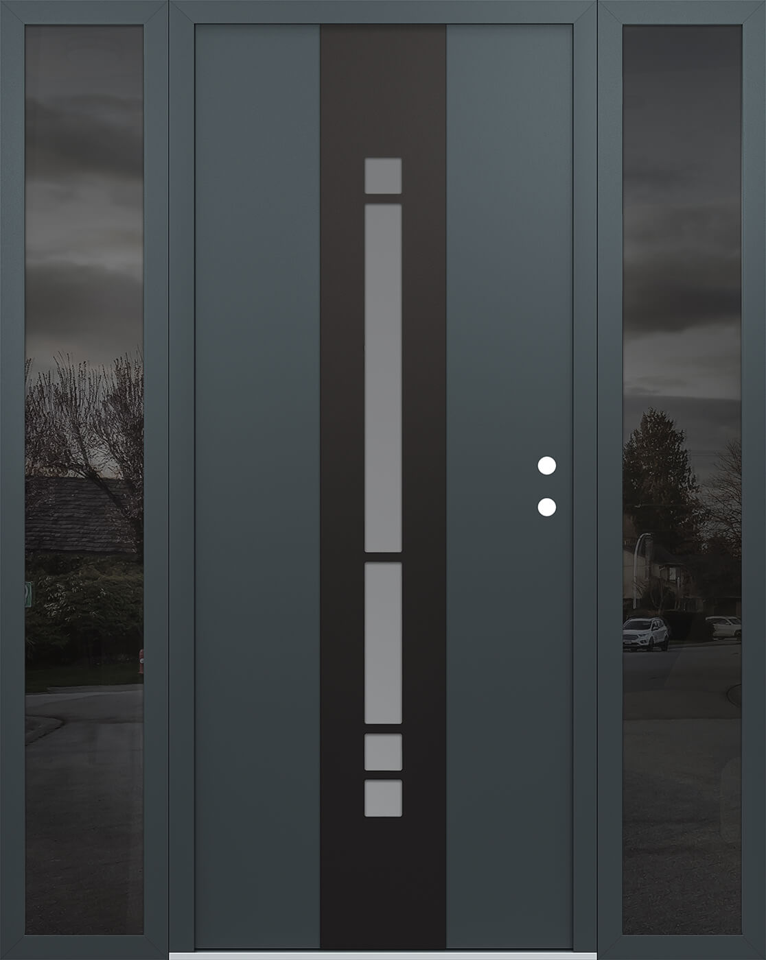 Modern Steel Front Door DIAMOND A3 68" X 80" ANTHRACITE/ANTHRACITE FROSTED GLASS PANEL BLACK LHI WITH 2 SIDELITES FROSTED GLASS