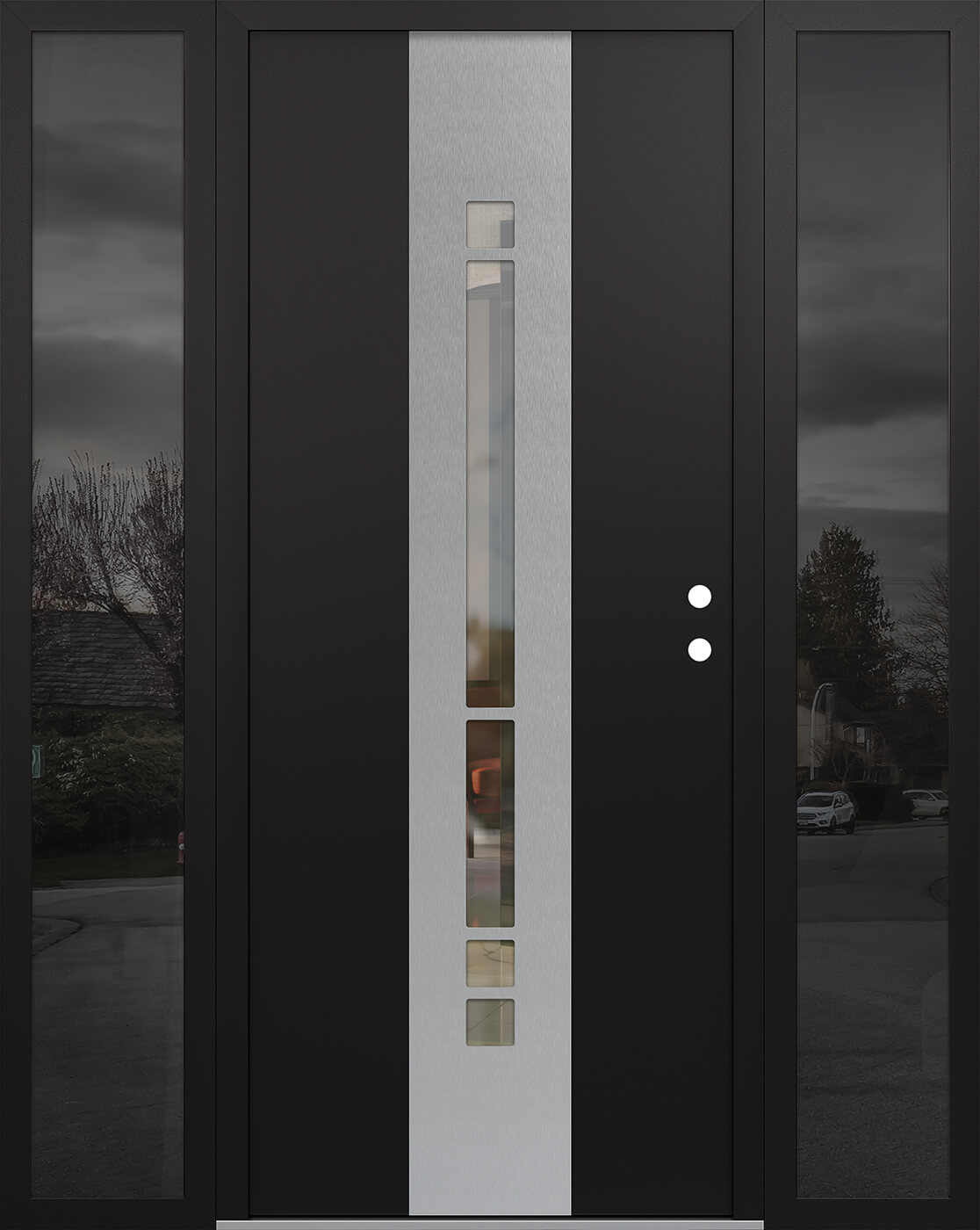 Modern Steel Front Door DIAMOND A3 68" X 80" BLACK/BLACK CLEAR GLASS PANEL STAINLESS STEEL LHI WITH 2 SIDELITES MIRRORED GLASS