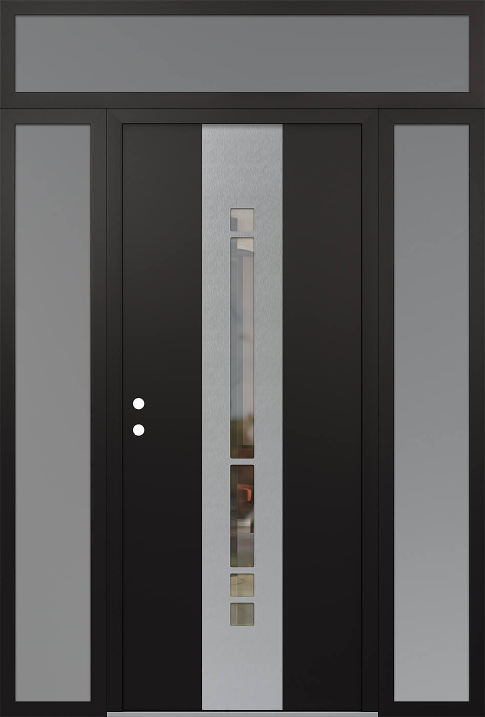 Modern Steel Front Door DIAMOND A3 68" X 96" BLACK/BLACK CLEAR GLASS PANEL STAINLESS STEEL RHI WITH 2 SIDELITES AND TRANSOM MIRRORED GLASS