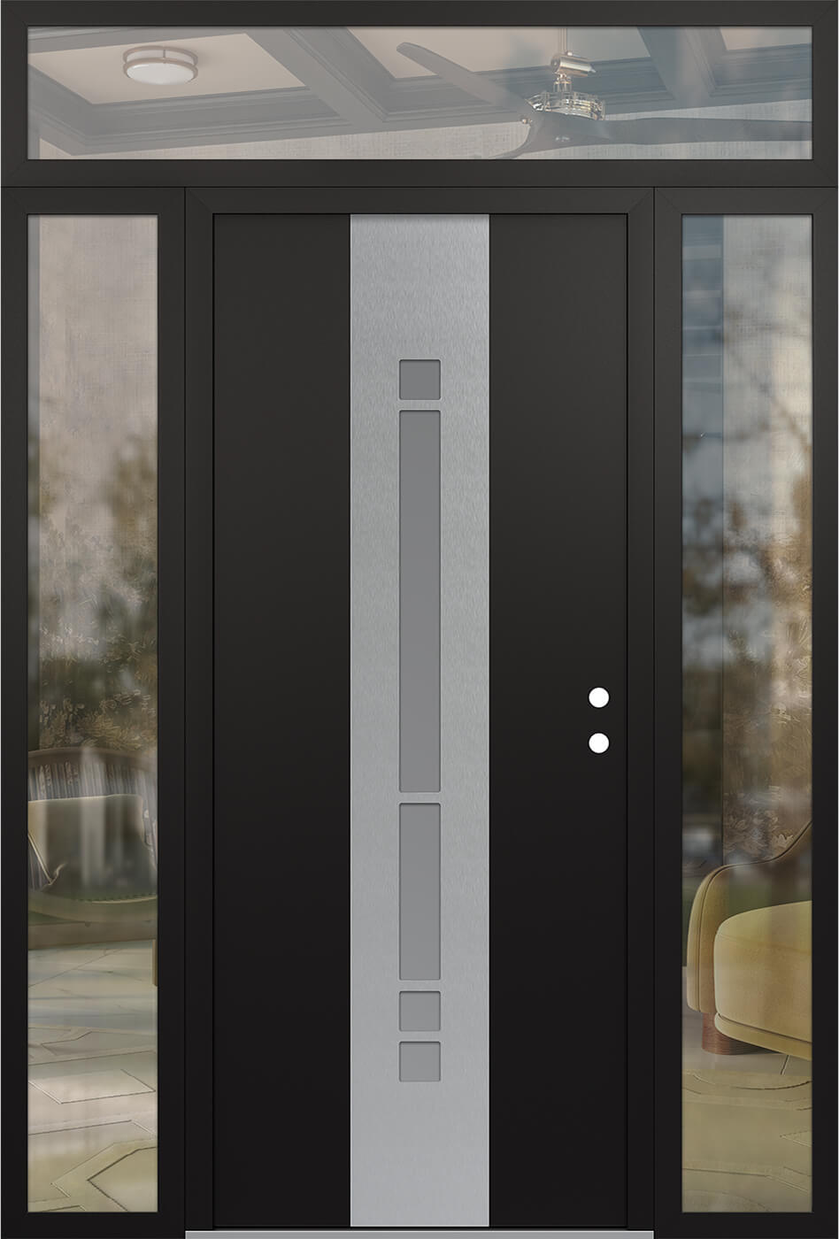 MODERN STEEL FRONT DOOR DIAMOND A3 68" X 96" BLACK/WHITE FROSTED GLASS PANEL STAINLESS STEEL LHI WITH 2 SIDELITES AND TRANSOM FROSTED GLASS