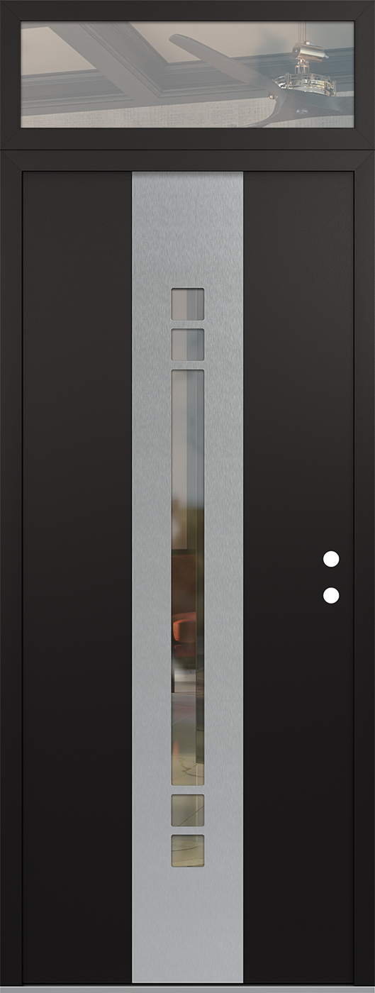 Modern Steel Front Door DIAMOND A4 36" X 96" BLACK/BLACK CLEAR GLASS PANEL STAINLESS STEEL LHI WITH TRANSOM CLEAR GLASS