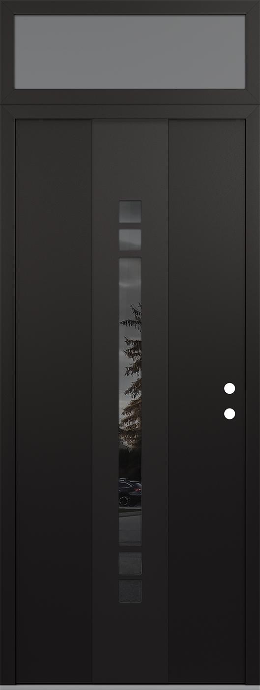Modern Steel Front Door DIAMOND A4 36" X 96" BLACK/BLACK MIRRORED GLASS PANEL BLACK LHI WITH TRANSOM FROSTED GLASS