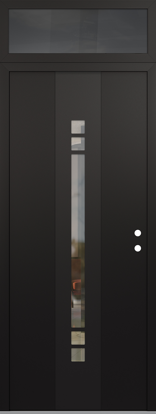 Modern Steel Front Door DIAMOND A4 36" X 96" BLACK/BLACK CLEAR GLASS PANEL BLACK LHI WITH TRANSOM MIRRORED GLASS