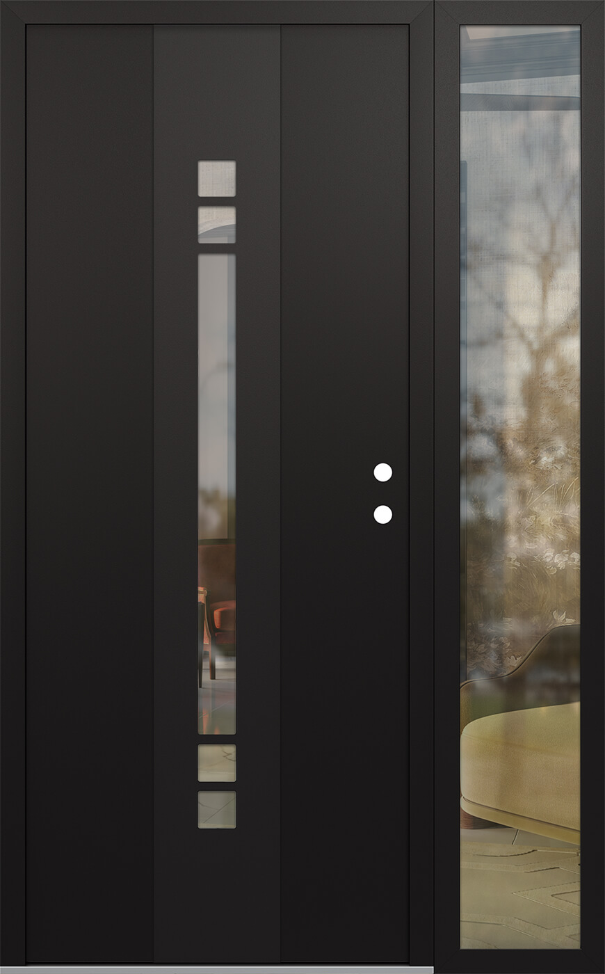 Modern Steel Front Door DIAMOND A4 48" X 80" BLACK/BLACK CLEAR GLASS PANEL BLACK LHI WITH SIDELITE CLEAR GLASS