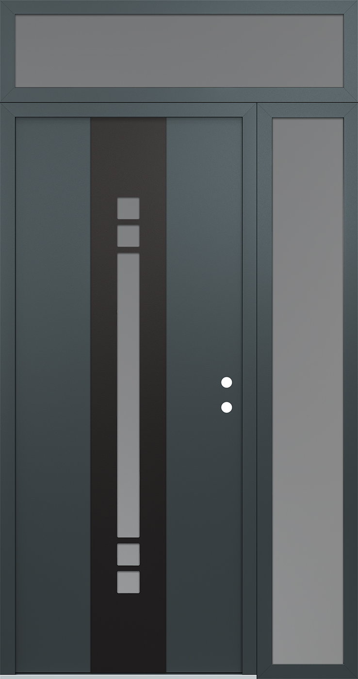 Modern Steel Front Door DIAMOND A4 48" X 96" ANTHRACITE/ANTHRACITE FROSTED GLASS PANEL BLACK LHI WITH SIDELITE AND TRANSOM CLEAR GLASS