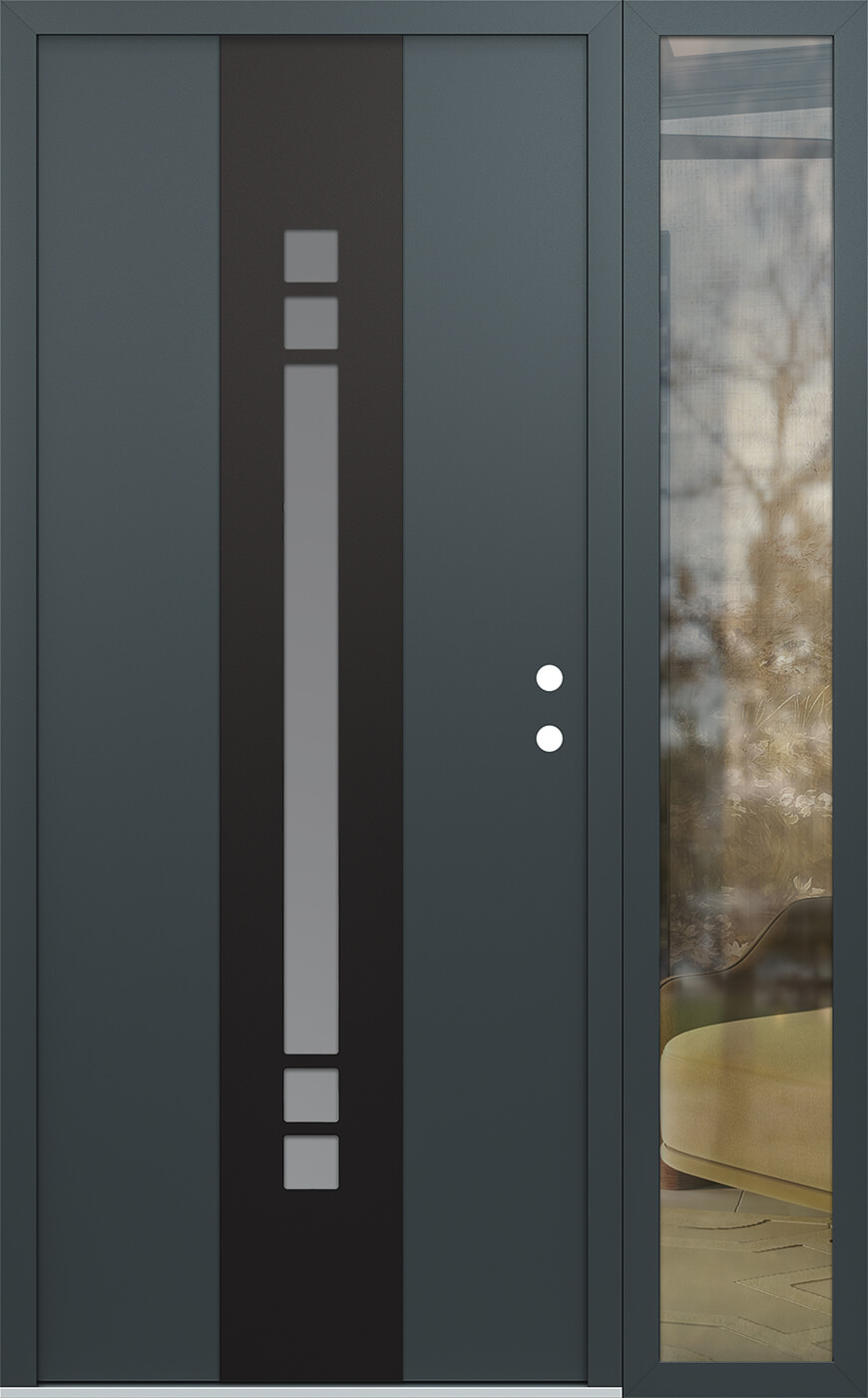 Modern Steel Front Door DIAMOND A4 50" X 80" ANTHRACITE/ANTHRACITE FROSTED GLASS PANEL BLACK LHI WITH SIDELITE MIRRORED GLASS