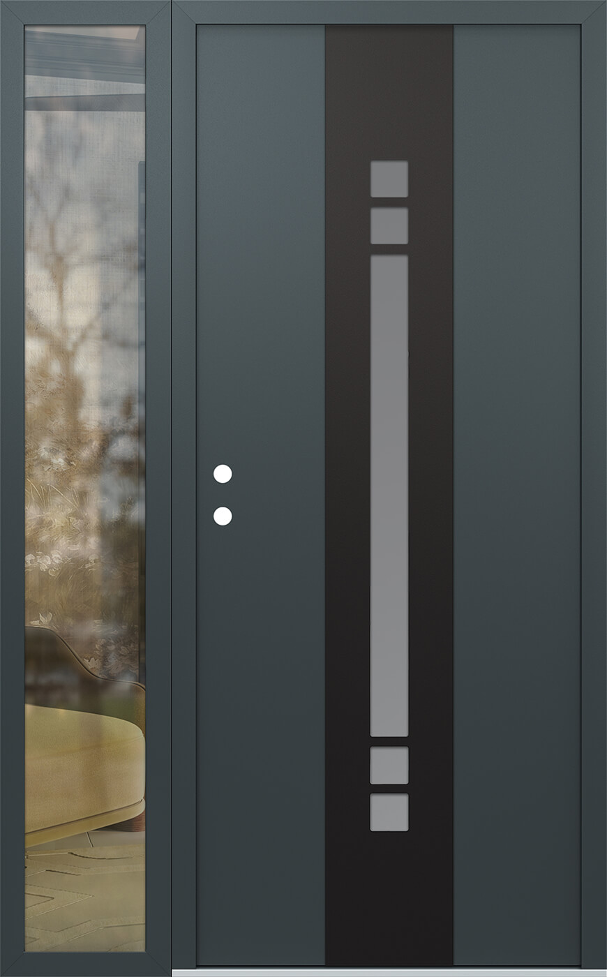 Modern Steel Front Door DIAMOND A4 50" X 80" ANTHRACITE/ANTHRACITE FROSTED GLASS PANEL BLACK RHI WITH SIDELITE FROSTED GLASS