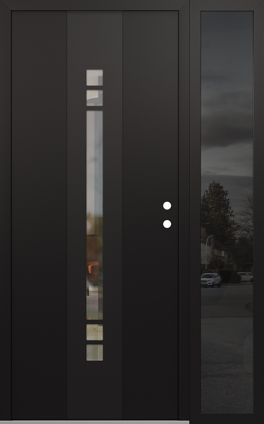 Modern Steel Front Door DIAMOND A4 50" X 80" BLACK/BLACK CLEAR GLASS PANEL BLACK LHI WITH SIDELITE MIRRORED GLASS