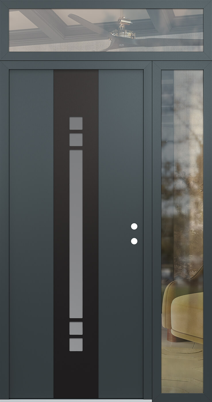 Modern Steel Front Door DIAMOND A4 50" X 96" ANTHRACITE/ANTHRACITE FROSTED GLASS PANEL BLACK LHI WITH SIDELITE AND TRANSOM MIRRORED GLASS