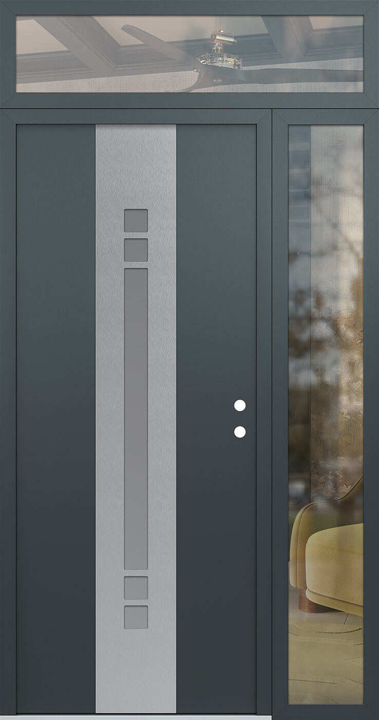 Modern Steel Front Door DIAMOND A4 50" X 96" ANTHRACITE/ANTHRACITE FROSTED GLASS PANEL STAINLESS STEEL RHI WITH SIDELITE AND TRANSOM FROSTED GLASS
