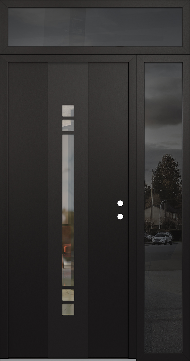 Modern Steel Front Door DIAMOND A4 50" X 96" BLACK/BLACK CLEAR GLASS PANEL BLACK LHI WITH SIDELITE AND TRANSOM CLEAR GLASS
