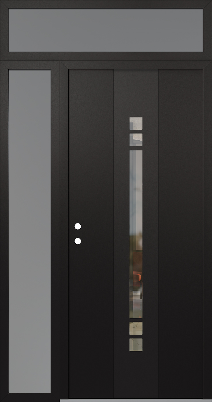 Modern Steel Front Door DIAMOND A4 50" X 96" BLACK/BLACK CLEAR GLASS PANEL BLACK RHI WITH SIDELITE AND TRANSOM MIRRORED GLASS
