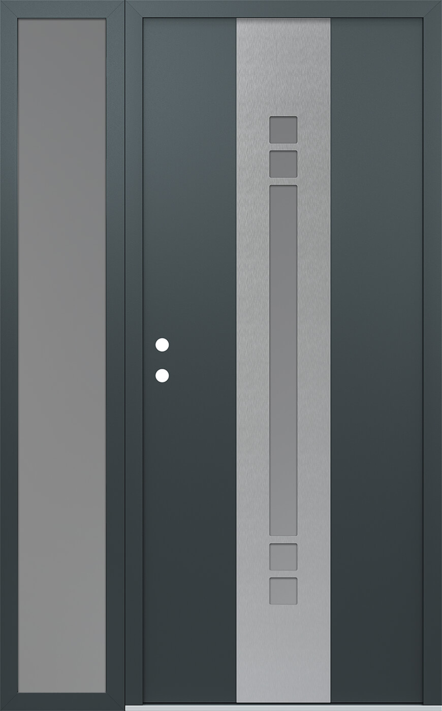 Modern Steel Front Door DIAMOND A4 52" X 80" ANTHRACITE/ANTHRACITE FROSTED GLASS PANEL STAINLESS STEEL LHI WITH SIDELITE MIRRORED GLASS
