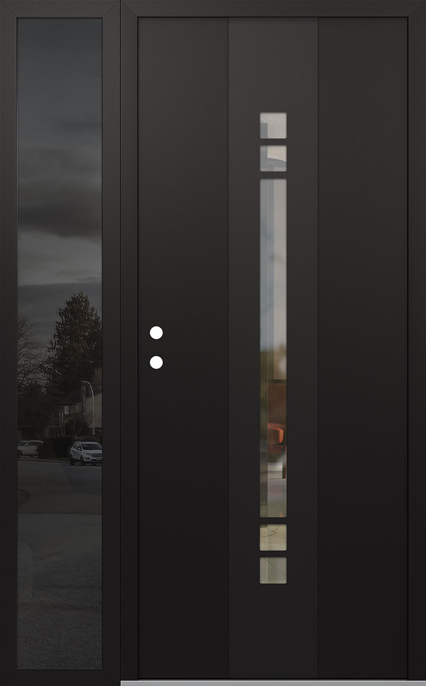 Modern Steel Front Door DIAMOND A4 52" X 80" BLACK/BLACK CLEAR GLASS PANEL BLACK RHI WITH SIDELITE MIRRORED GLASS