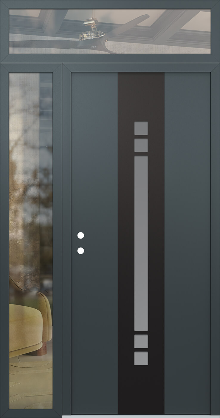 Modern Steel Front Door DIAMOND A4 52" X 96" ANTHRACITE/ANTHRACITE FROSTED GLASS PANEL BLACK RHI WITH SIDELITE AND TRANSOM FROSTED GLASS
